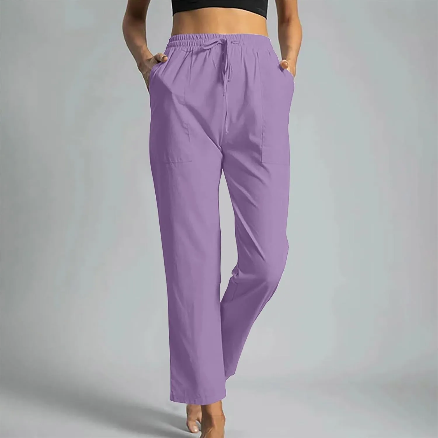 Trendy Pants for Women,Wwomens Casual Summer 2025 Drawstring Elastic High Waist Pant Comfy Solid Color Trouser