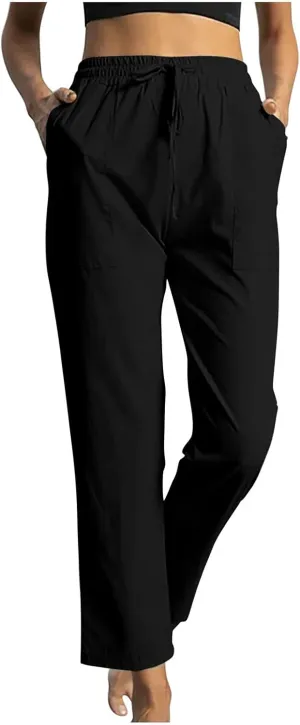 Trendy Pants for Women,Wwomens Casual Summer 2025 Drawstring Elastic High Waist Pant Comfy Solid Wide Leg Trouser