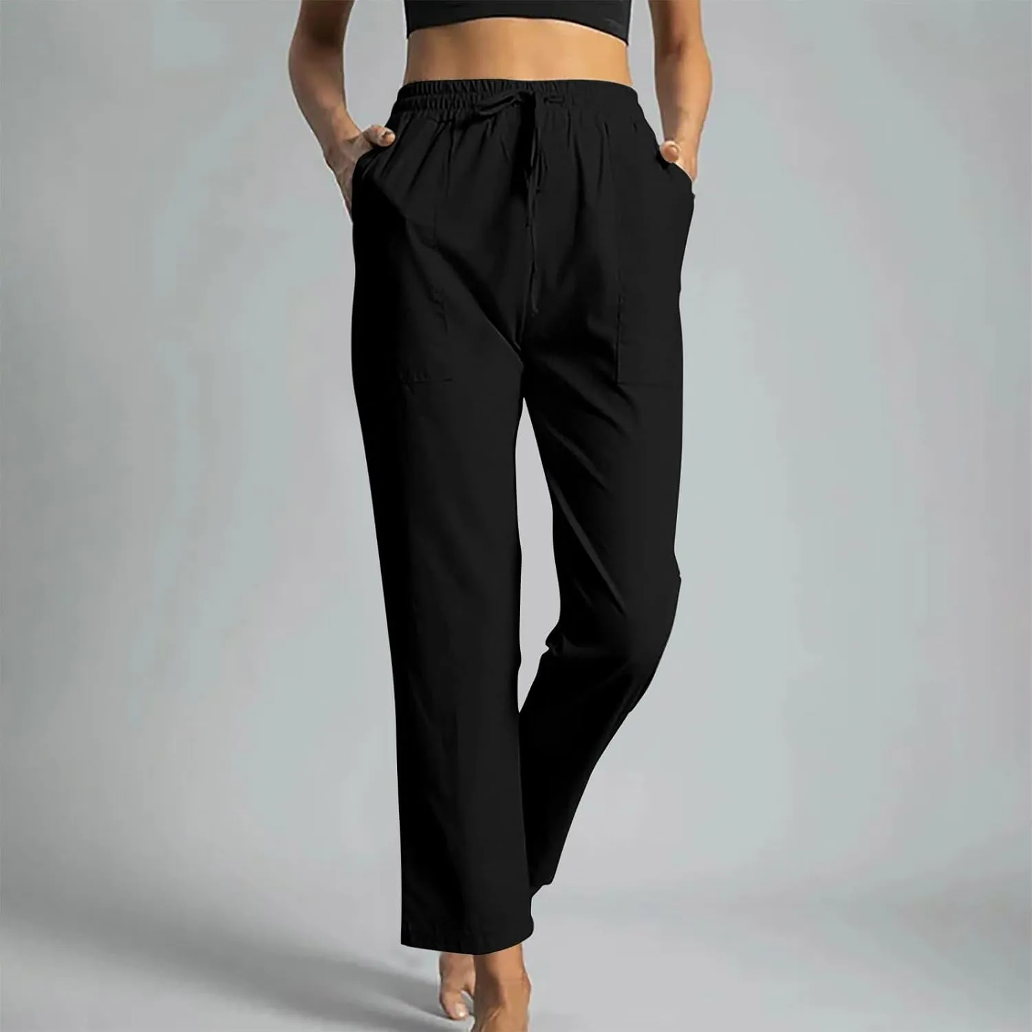 Trendy Pants for Women,Wwomens Casual Summer 2025 Drawstring Elastic High Waist Pant Comfy Solid Wide Leg Trouser