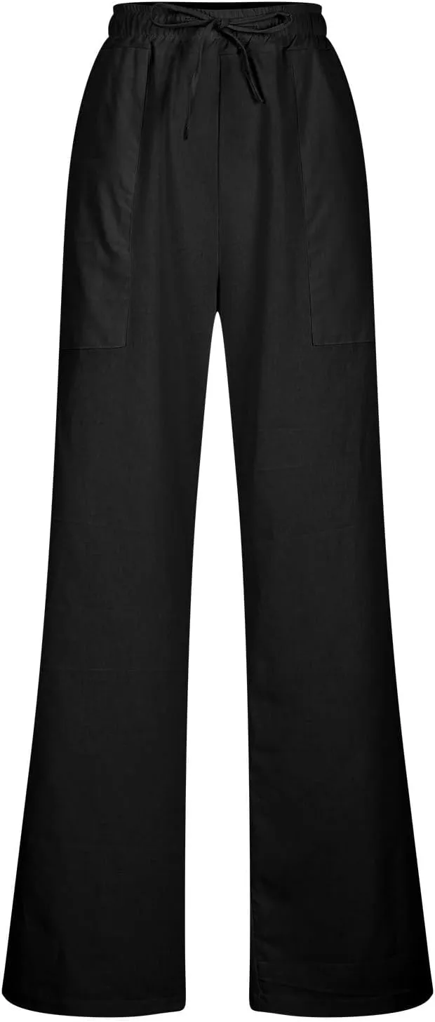 Trendy Pants for Women,Wwomens Casual Summer 2025 Drawstring Elastic High Waist Pant Comfy Solid Wide Leg Trouser