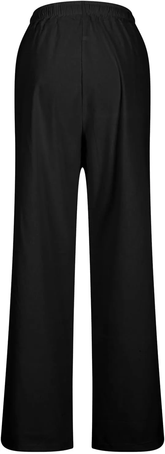 Trendy Pants for Women,Wwomens Casual Summer 2025 Drawstring Elastic High Waist Pant Comfy Solid Wide Leg Trouser
