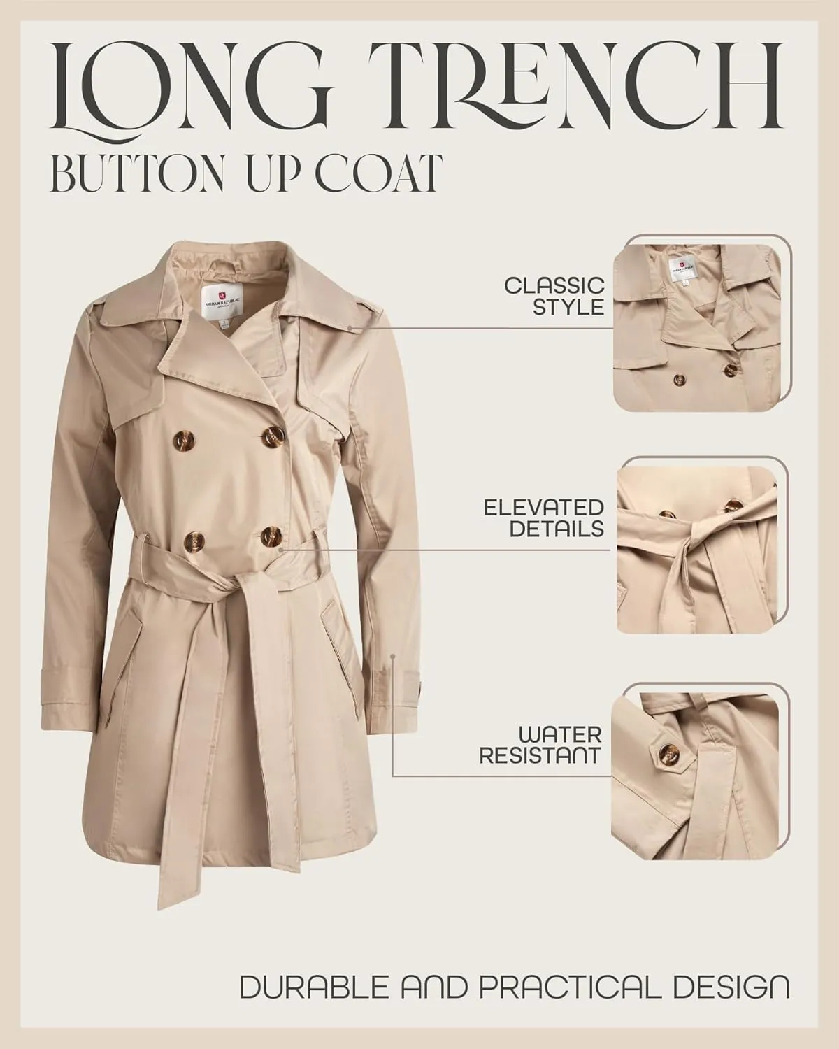 URBAN REPUBLIC Women's Long Trench Coat - Poly-Techno Double Breasted Water-Resistant Overcoat for Women (Sizes: S-XL)