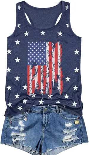 USA Tank Tops Women American Flag Sleeveless Shirt Novelty Graphic 4th July Patriotic Shirt Vest Summer Racerback Top