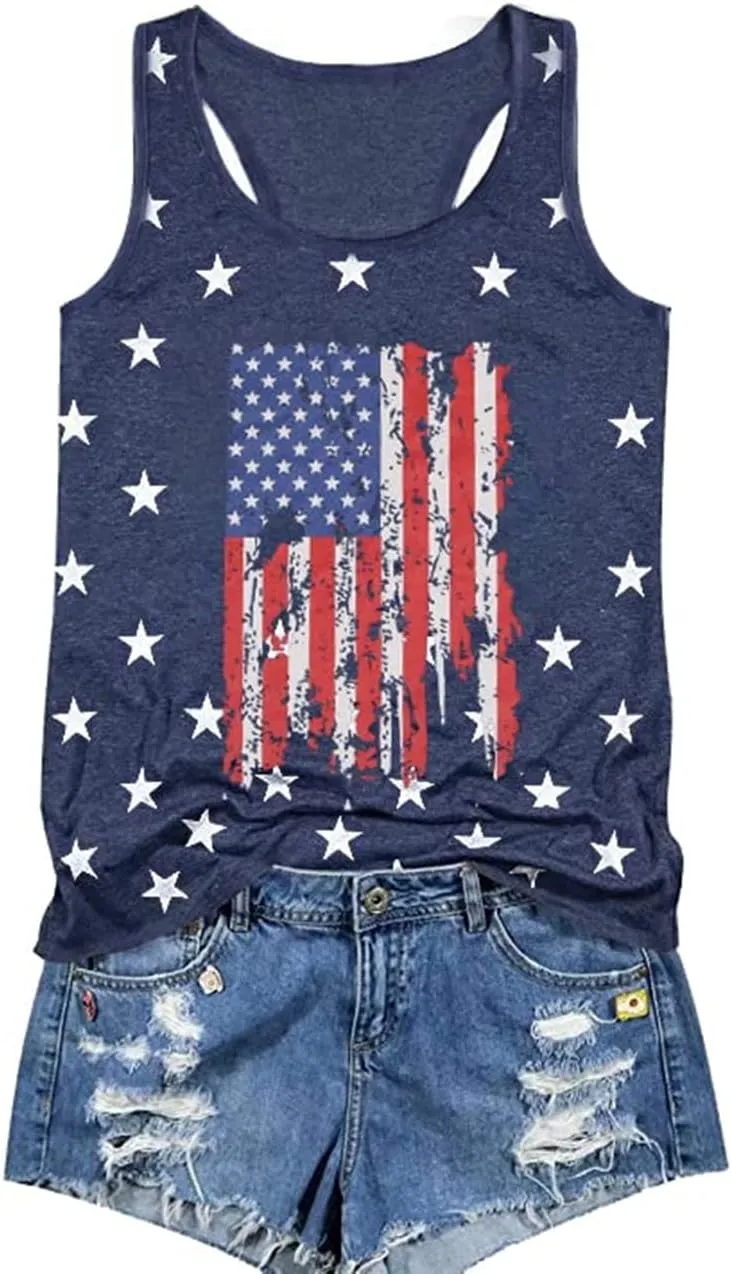 USA Tank Tops Women American Flag Sleeveless Shirt Novelty Graphic 4th July Patriotic Shirt Vest Summer Racerback Top