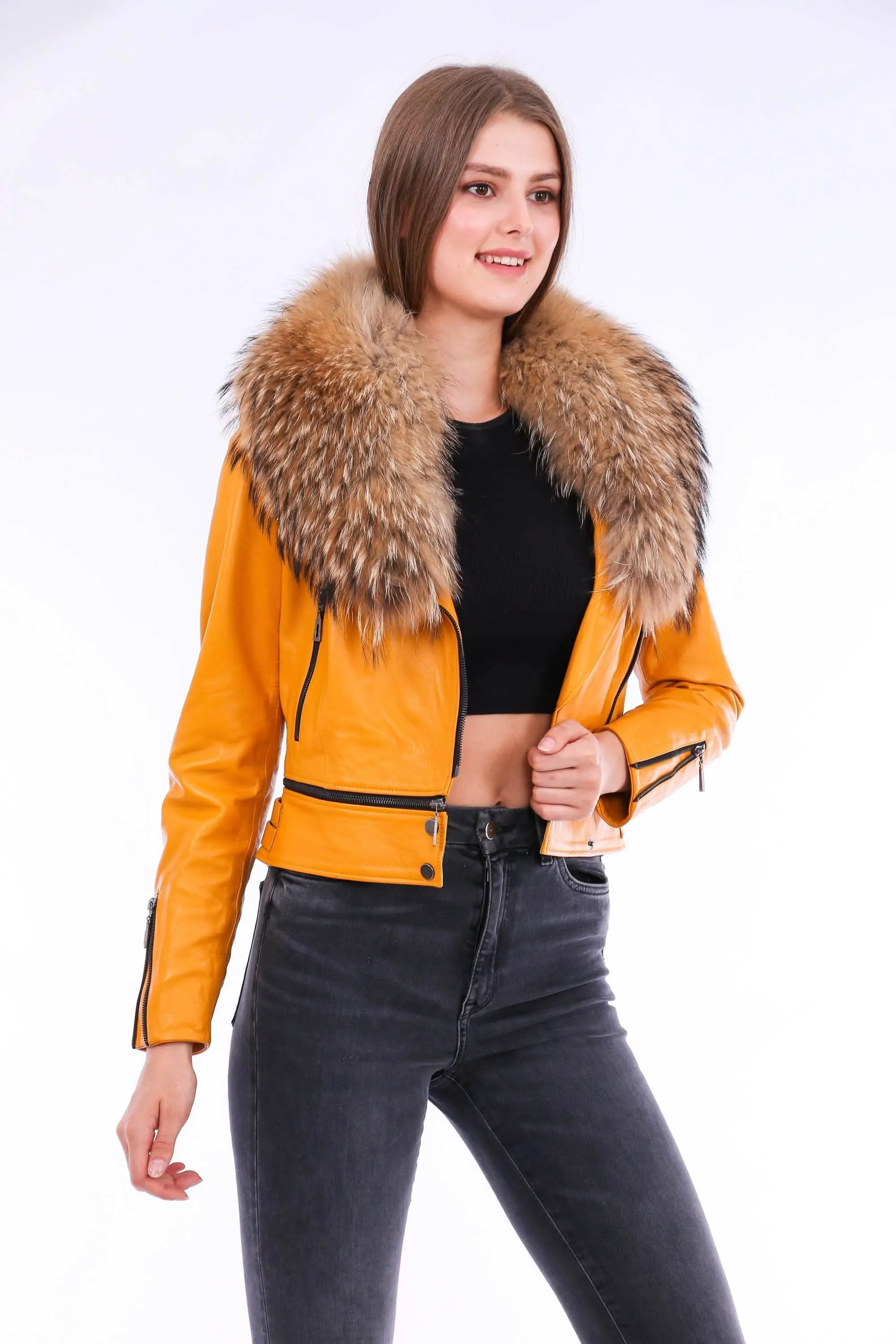 Vibrant Yellow Sheepskin Leather Biker Jacket with Removable Fur Collar