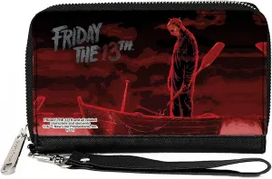 Warner Bros. Horror Movies Wallet, Zip Around, FRIDAY THE 13TH Jason Boat Scene Black/Reds/White, Vegan Leather