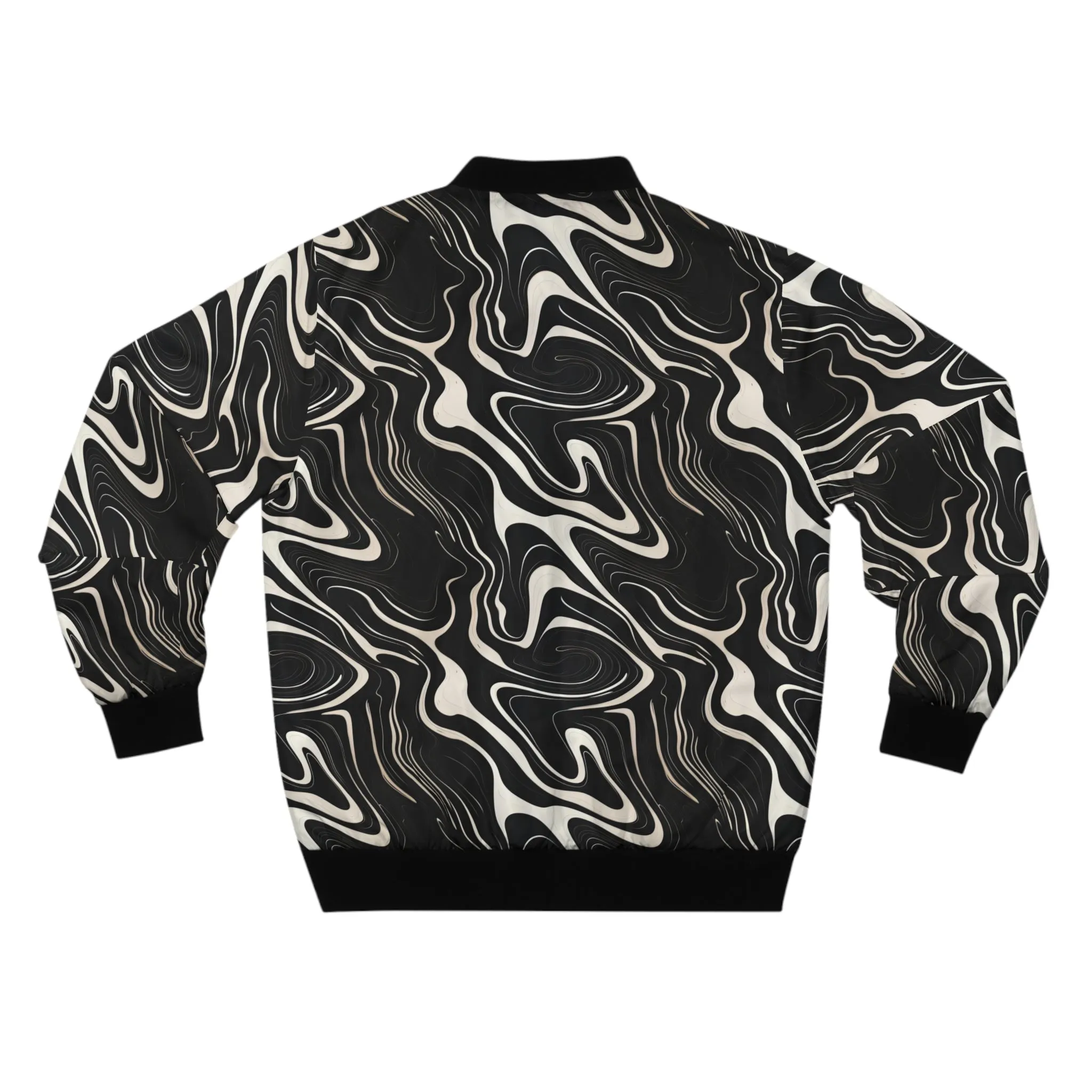 Wavy Black and White Abstract Pattern Lightweight Bomber Jacket