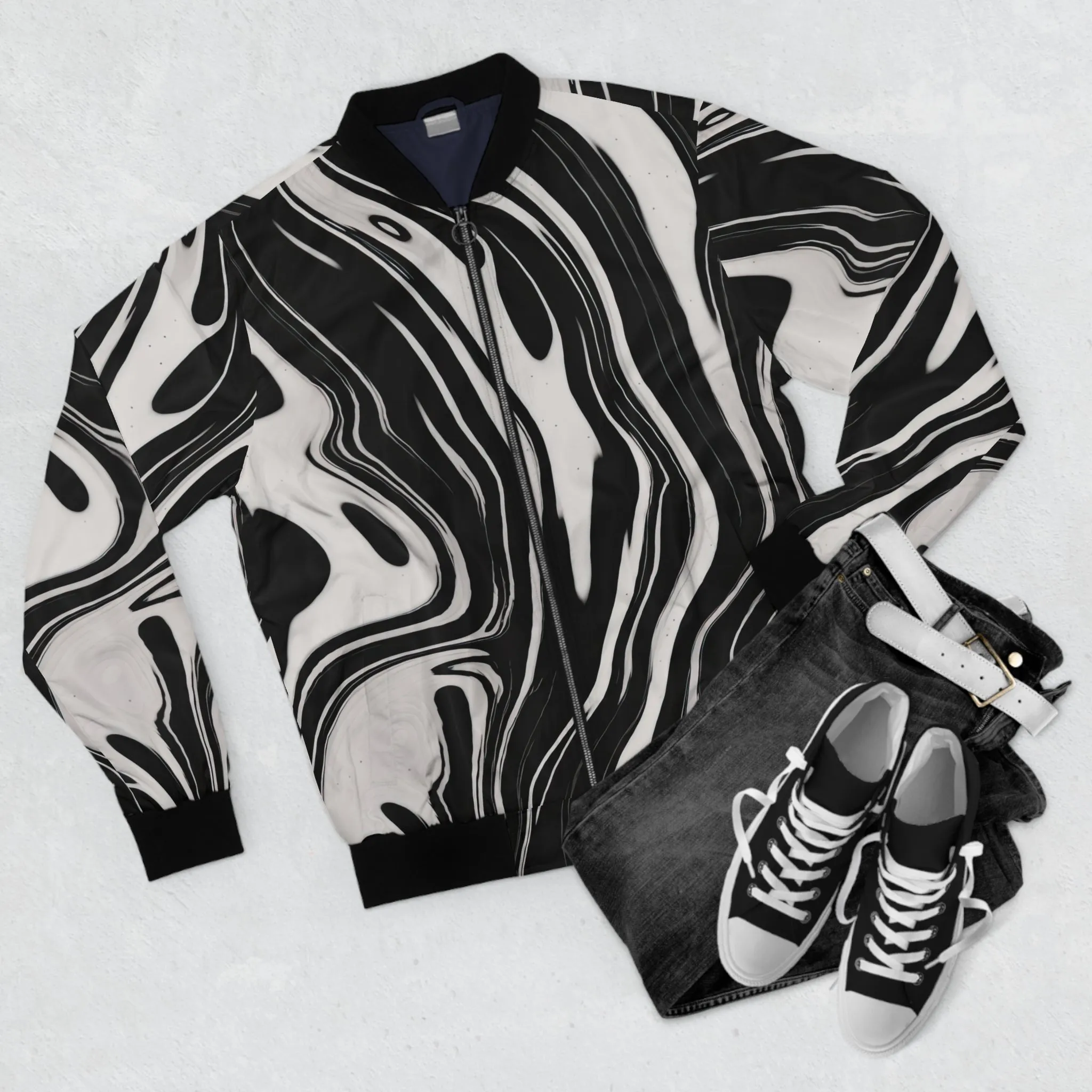 Wavy Black and White Ink Pattern Lightweight Bomber Jacket