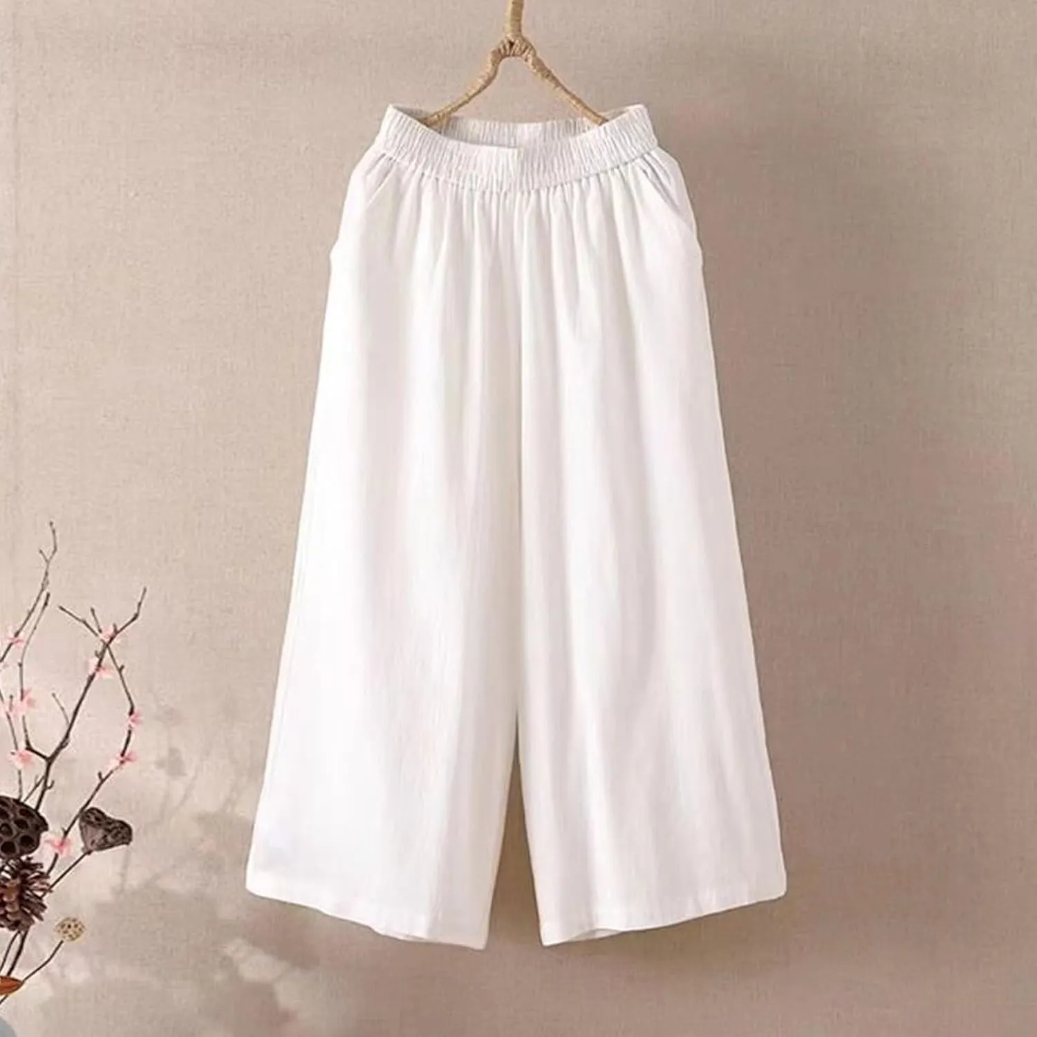 White Pants Women Casual Summer Loose Linen Elastic Wasit Drawstring Pants Plus Size Cropped Trousers