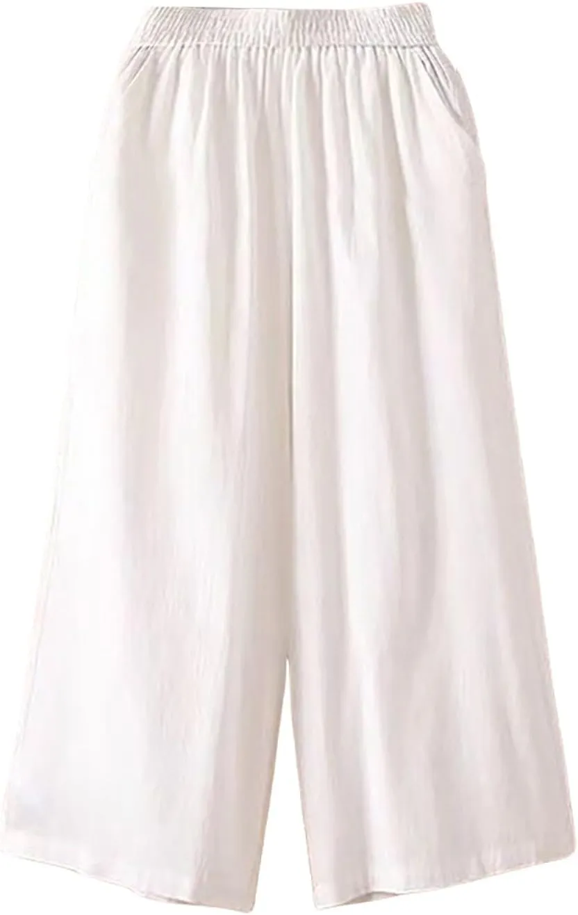 White Pants Women Casual Summer Loose Linen Elastic Wasit Drawstring Pants Plus Size Cropped Trousers