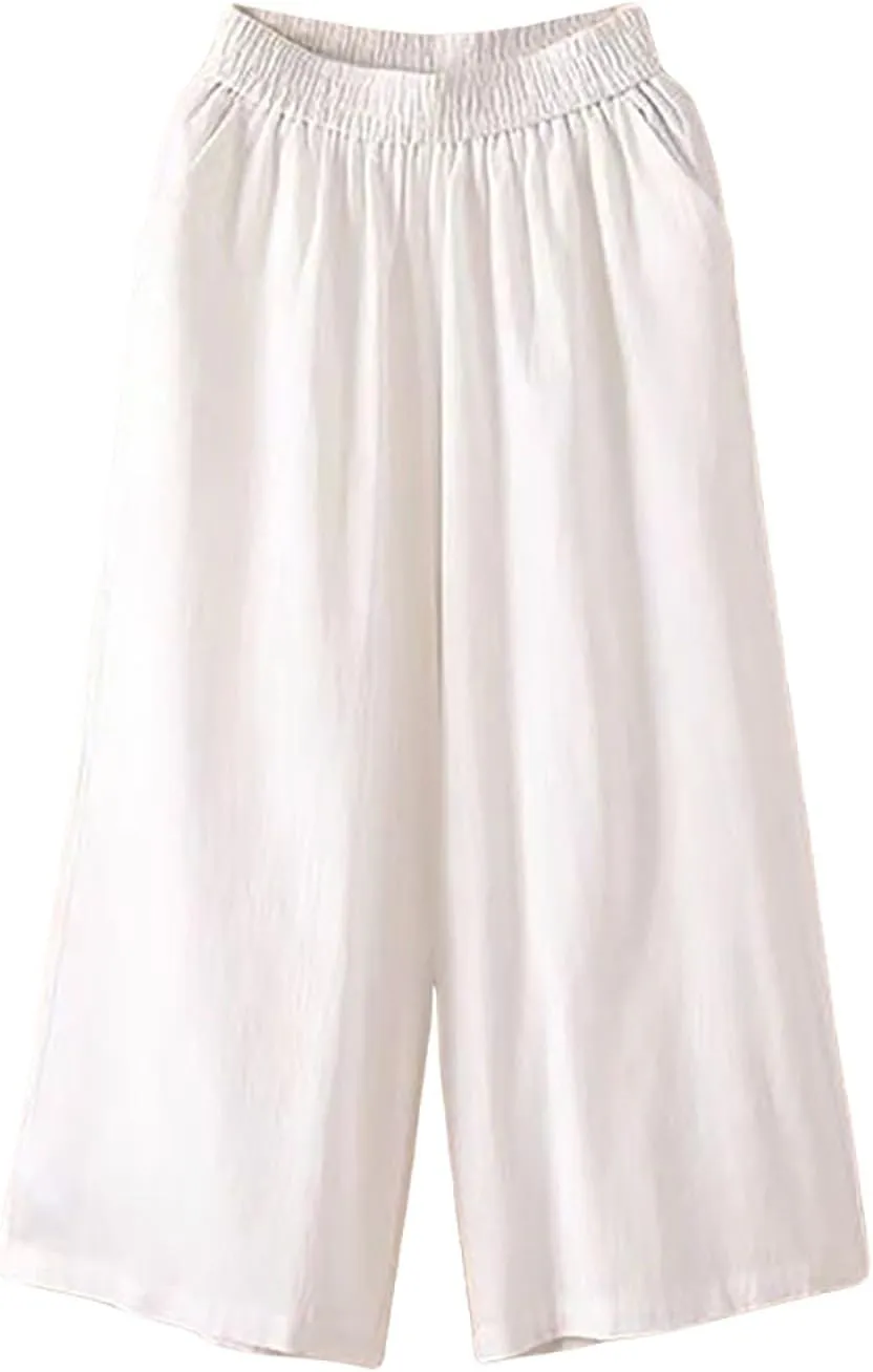 White Pants Women Casual Summer Loose Linen Elastic Wasit Drawstring Pants Plus Size Cropped Trousers