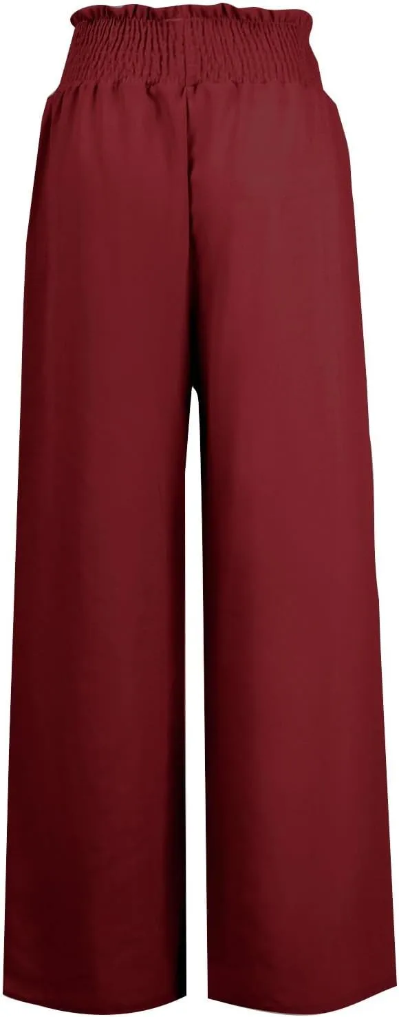 Wide Leg Linen Pants for Women Casual Summer Smocked High Waist Palazzo Pants Yoga Baggy Trousers with Pockets Beach