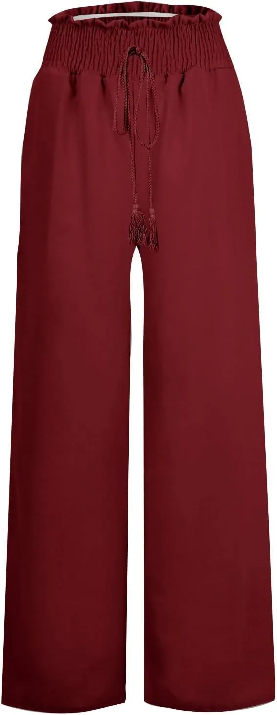 Wide Leg Linen Pants for Women Casual Summer Smocked High Waist Palazzo Pants Yoga Baggy Trousers with Pockets Beach