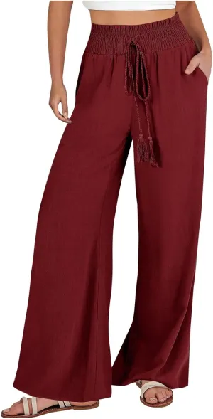 Wide Leg Linen Pants for Women Casual Summer Smocked High Waist Palazzo Pants Yoga Baggy Trousers with Pockets Beach