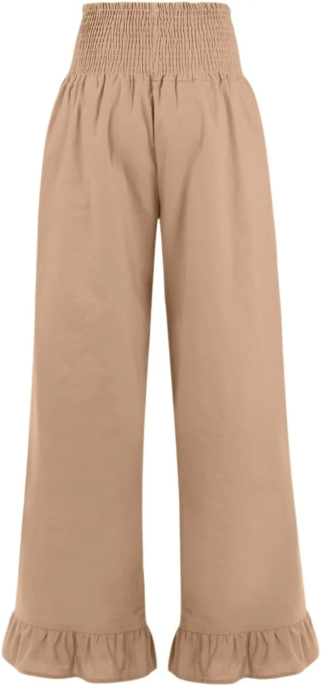 Wide Leg Linen Pants for Women Ruffled Hem Smocked Waist Flowy Beach Pants with Pockets Casual Loose Lounge Trousers