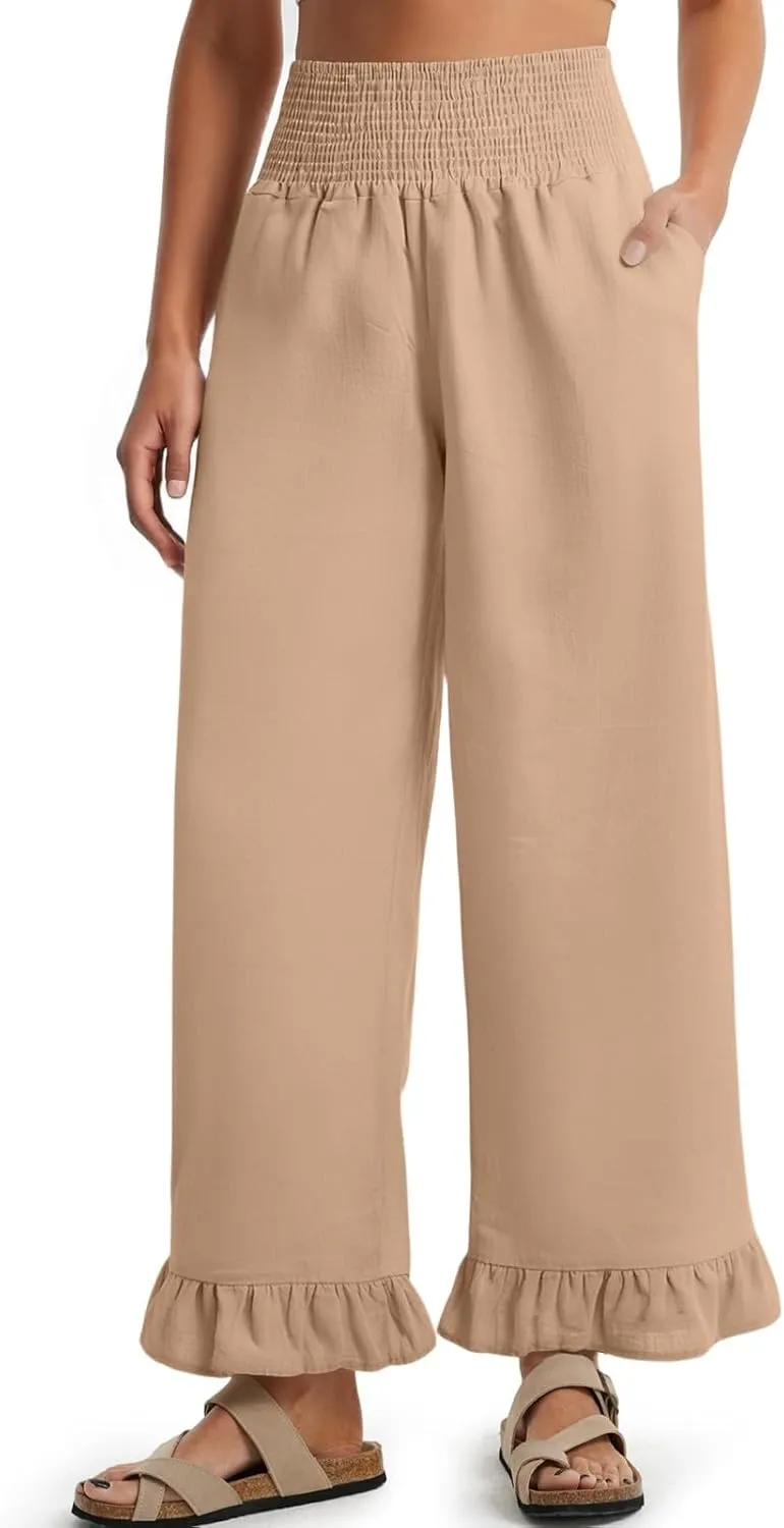 Wide Leg Linen Pants for Women Ruffled Hem Smocked Waist Flowy Beach Pants with Pockets Casual Loose Lounge Trousers