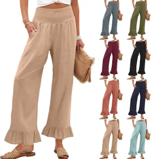 Wide Leg Linen Pants for Women Ruffled Hem Smocked Waist Flowy Beach Pants with Pockets Casual Loose Lounge Trousers