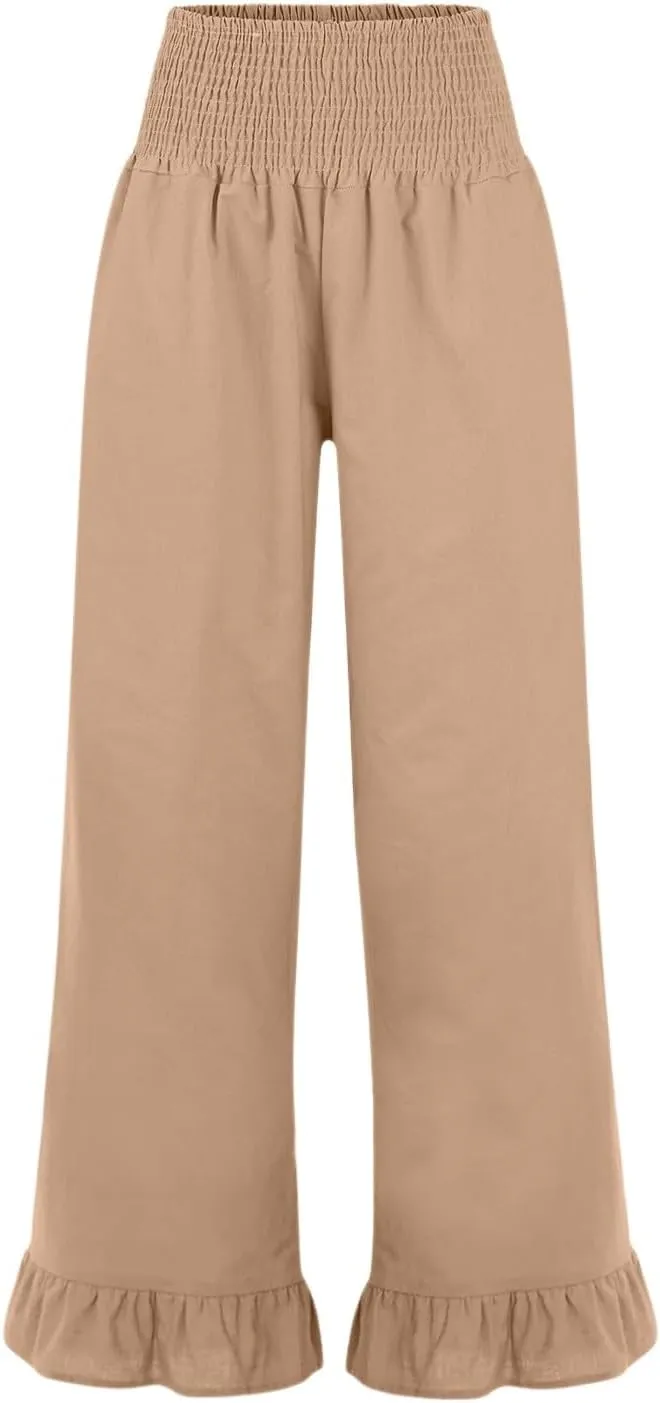 Wide Leg Linen Pants for Women Ruffled Hem Smocked Waist Flowy Beach Pants with Pockets Casual Loose Lounge Trousers