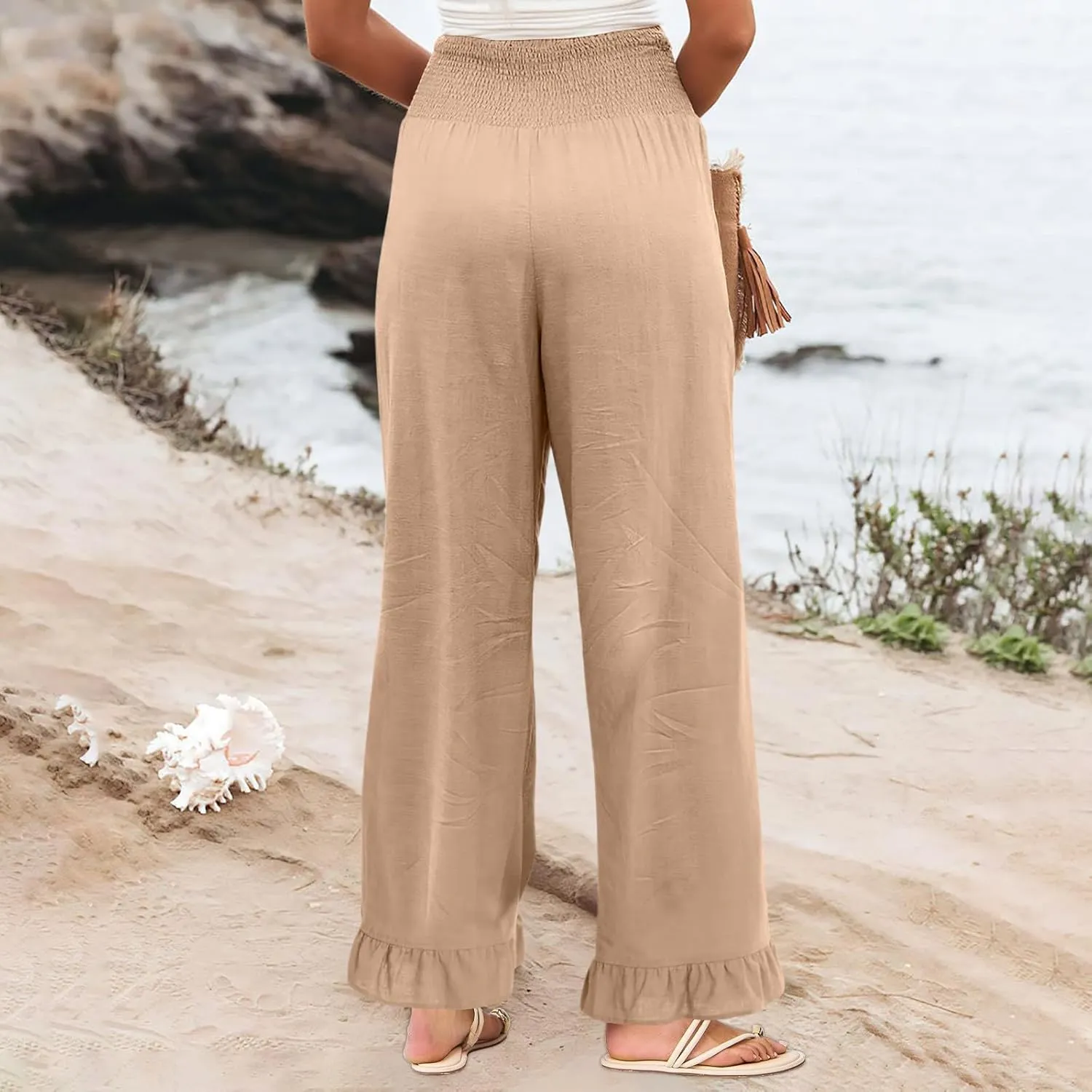 Wide Leg Linen Pants for Women Ruffled Hem Smocked Waist Flowy Beach Pants with Pockets Casual Loose Lounge Trousers