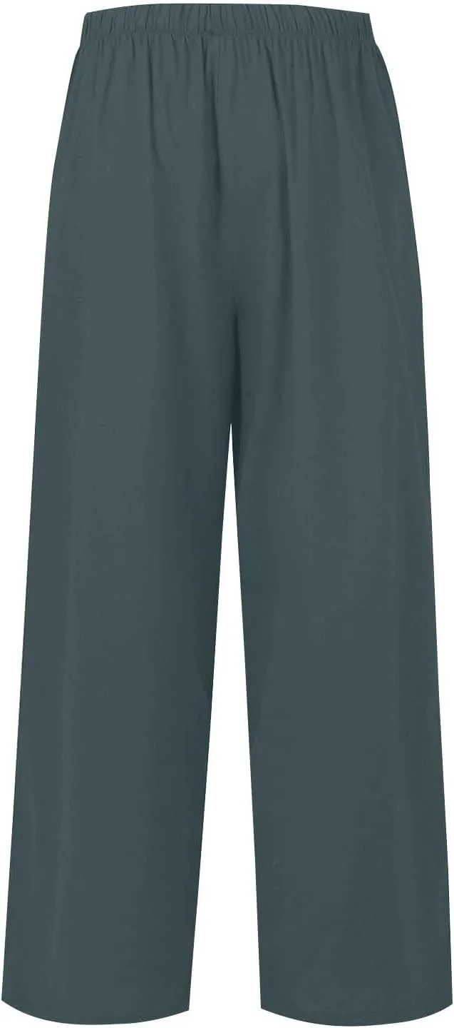Wide Leg Linen Pants for Women Summer Flowy High Waisted Palazzo Pants Baggy Comfy Casual Beach Pant with Pockets
