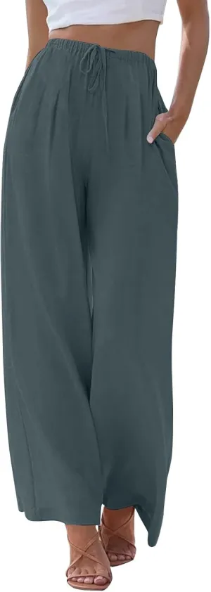 Wide Leg Linen Pants for Women Summer Flowy High Waisted Palazzo Pants Baggy Comfy Casual Beach Pant with Pockets