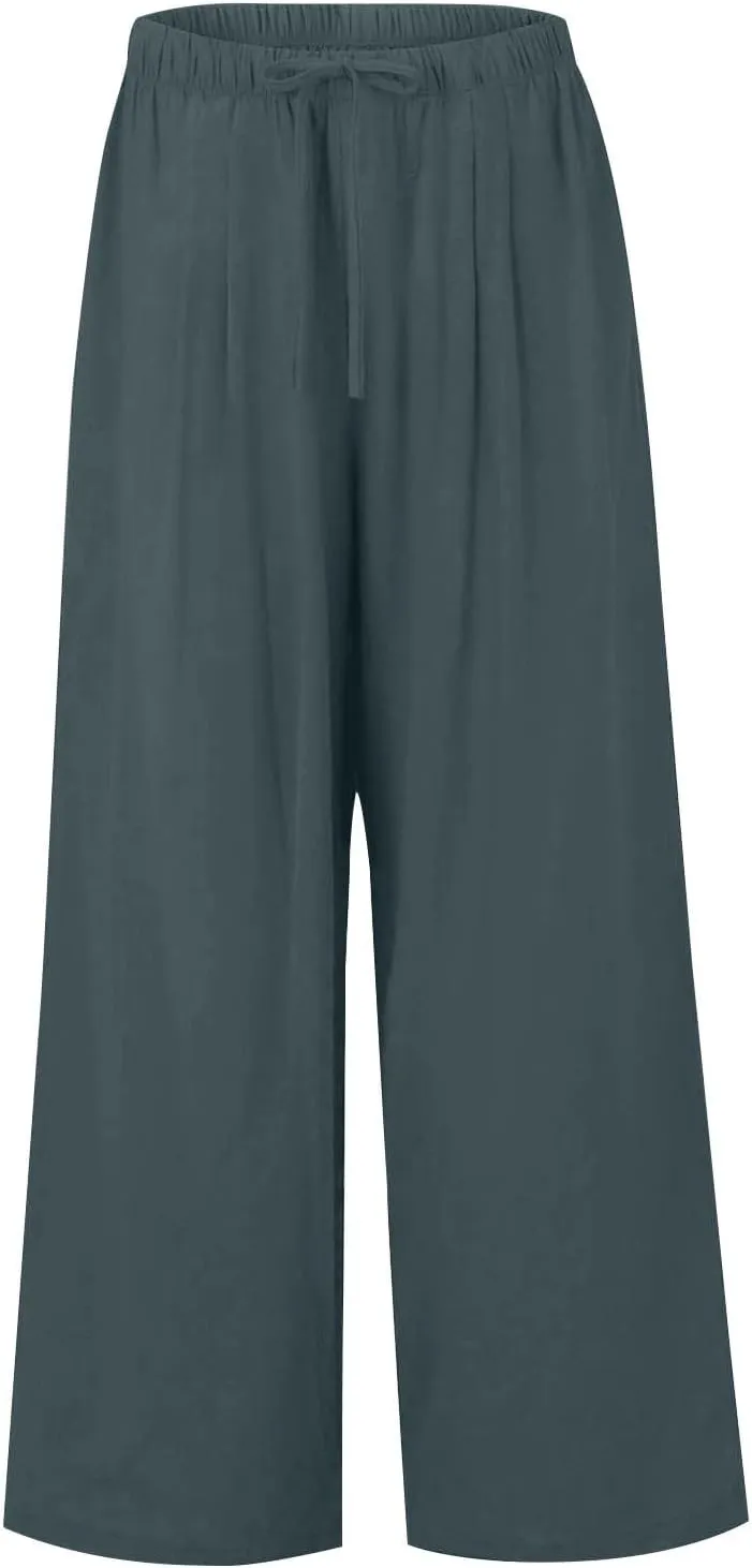 Wide Leg Linen Pants for Women Summer Flowy High Waisted Palazzo Pants Baggy Comfy Casual Beach Pant with Pockets