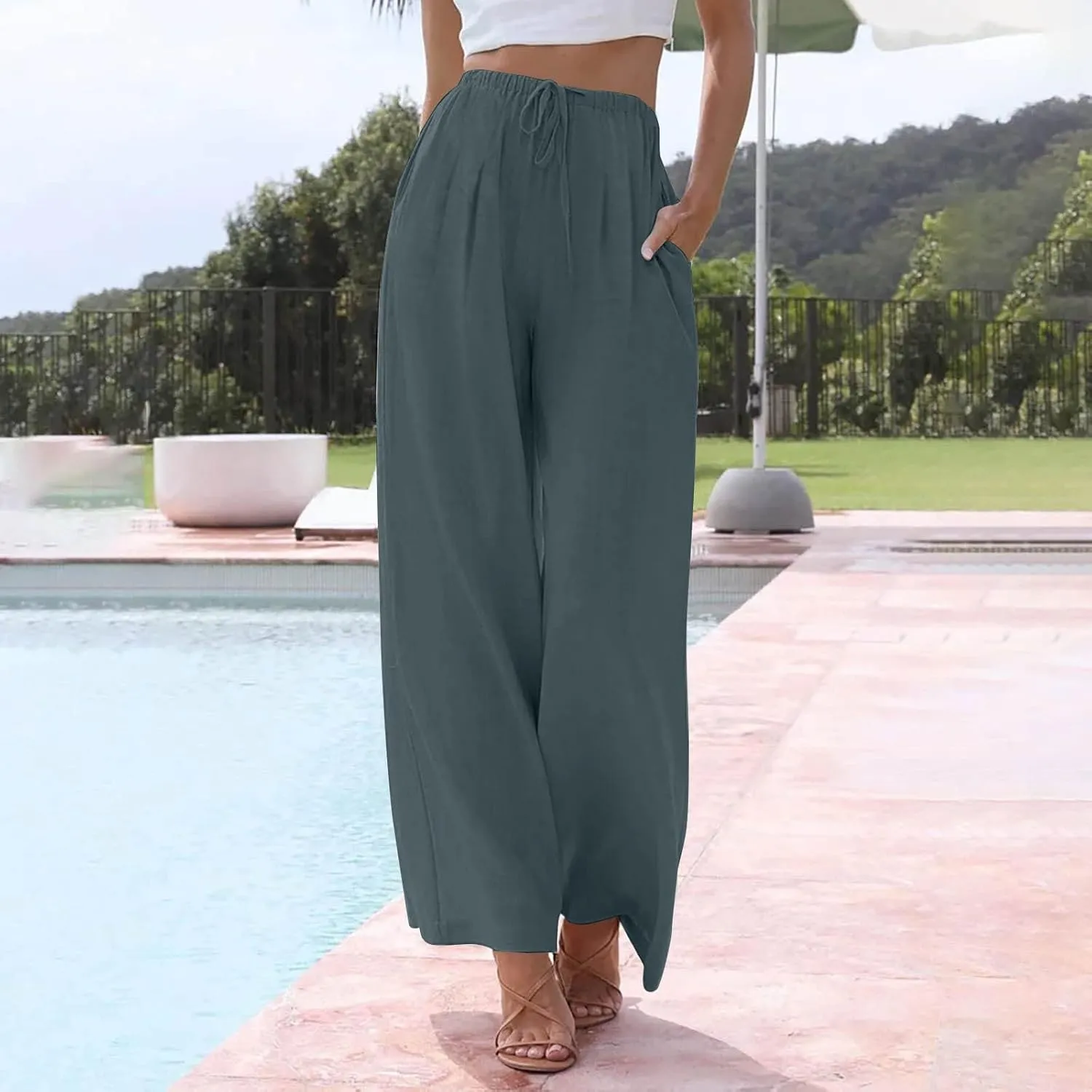 Wide Leg Linen Pants for Women Summer Flowy High Waisted Palazzo Pants Baggy Comfy Casual Beach Pant with Pockets