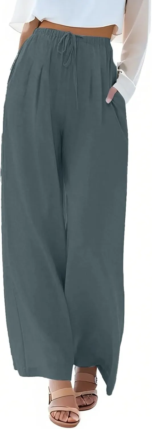 Wide Leg Linen Pants for Women Summer Flowy High Waisted Palazzo Pants Baggy Comfy Casual Beach Pant with Pockets