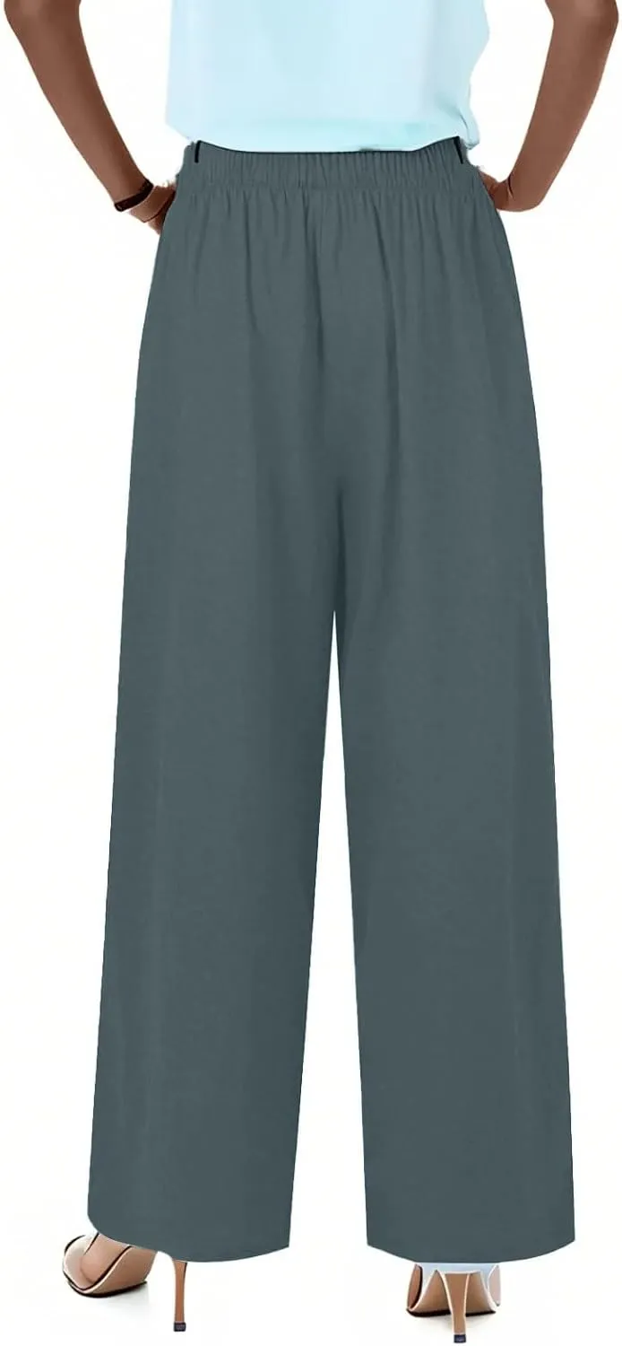 Wide Leg Linen Pants for Women Summer Flowy High Waisted Palazzo Pants Baggy Comfy Casual Beach Pant with Pockets