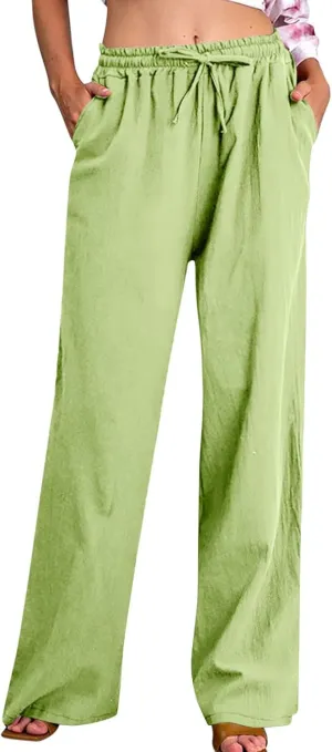 Wide Leg Pants for Women Cotton Linen Casual Summer Loose Drawstring Waist Trousers Summer Palazzo Pant with Pocket