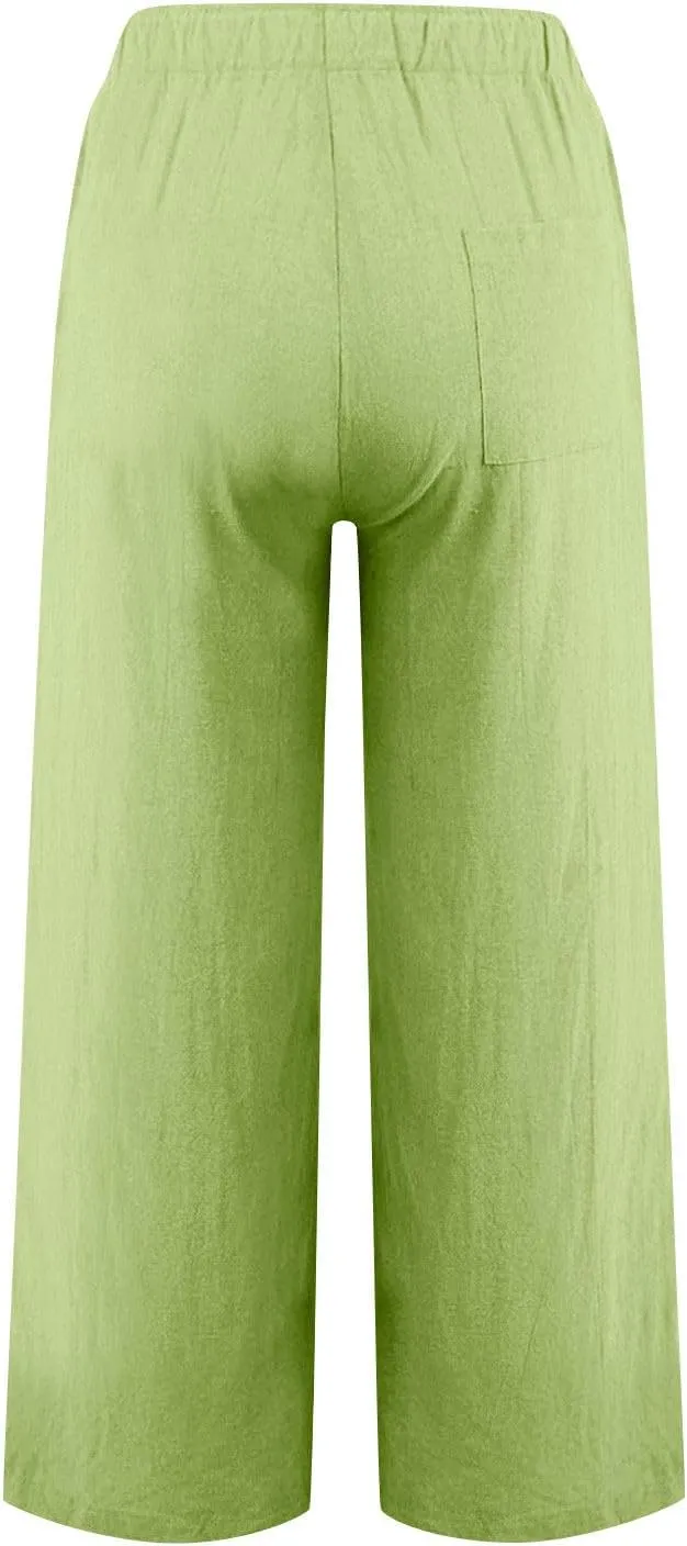 Wide Leg Pants for Women Cotton Linen Casual Summer Loose Drawstring Waist Trousers Summer Palazzo Pant with Pocket