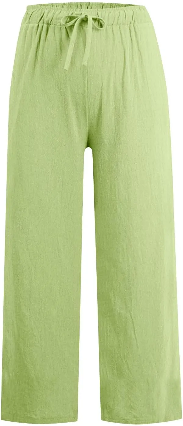 Wide Leg Pants for Women Cotton Linen Casual Summer Loose Drawstring Waist Trousers Summer Palazzo Pant with Pocket