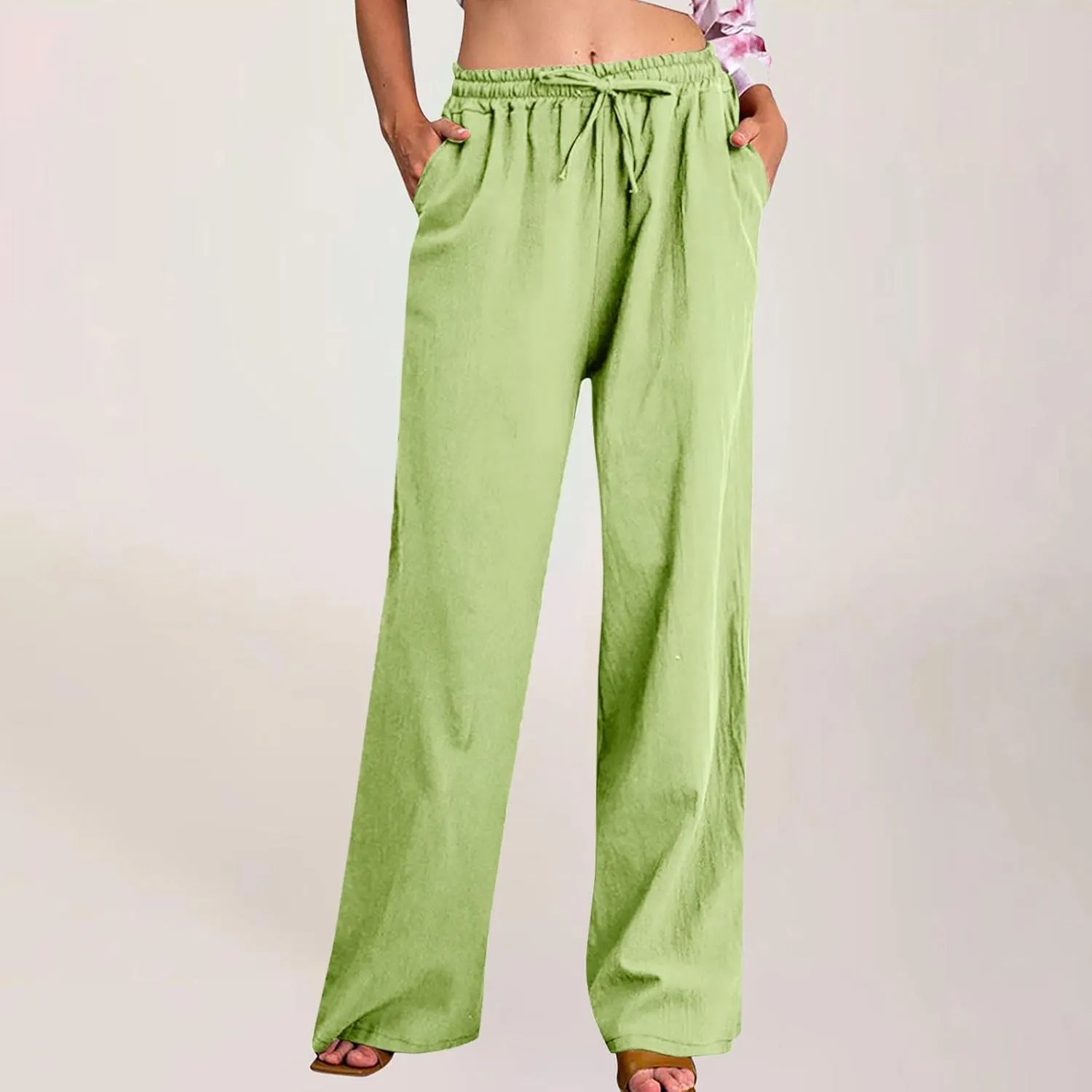 Wide Leg Pants for Women Cotton Linen Casual Summer Loose Drawstring Waist Trousers Summer Palazzo Pant with Pocket