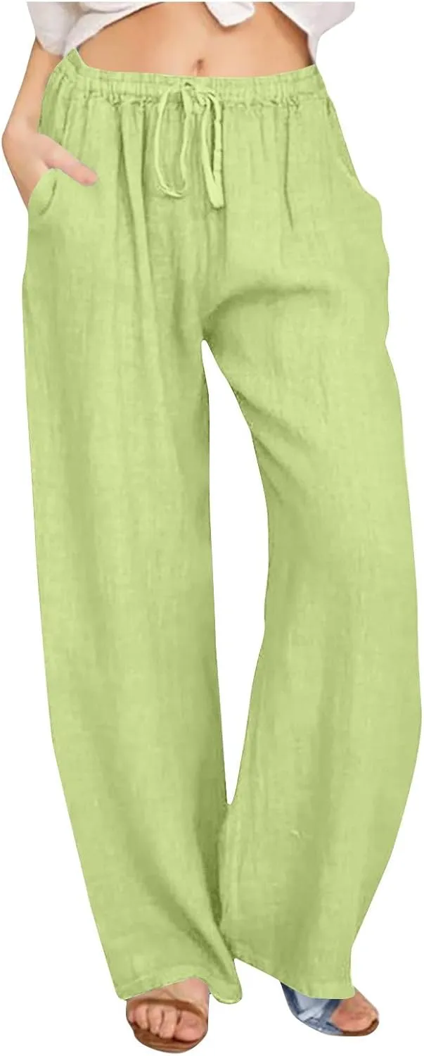 Wide Leg Pants for Women Cotton Linen Casual Summer Loose Drawstring Waist Trousers Summer Palazzo Pant with Pocket