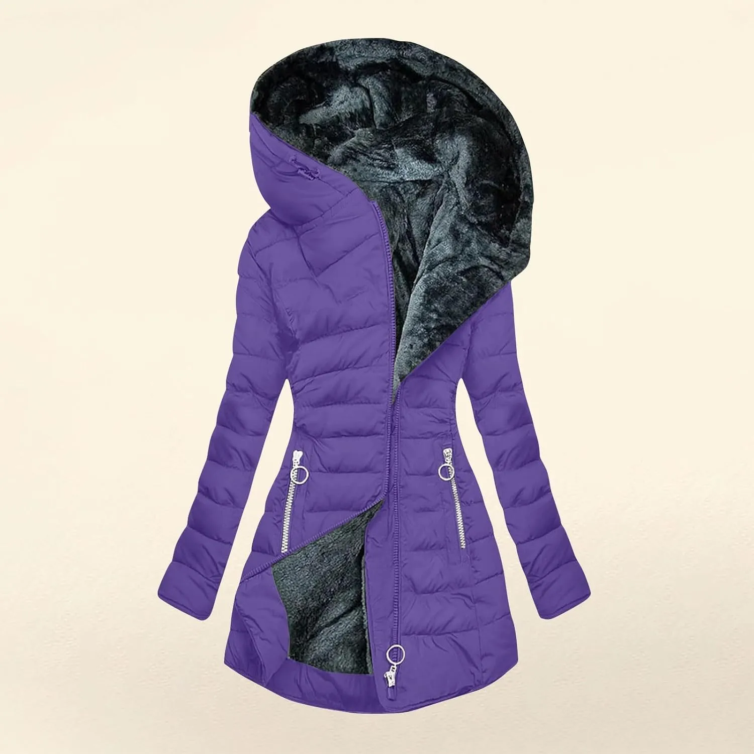 Winter Coat for Women - Fleece Lined Hooded Puffer Jacket With Long Sleeve, Fur Trim, Full Zip, Thicken Parka