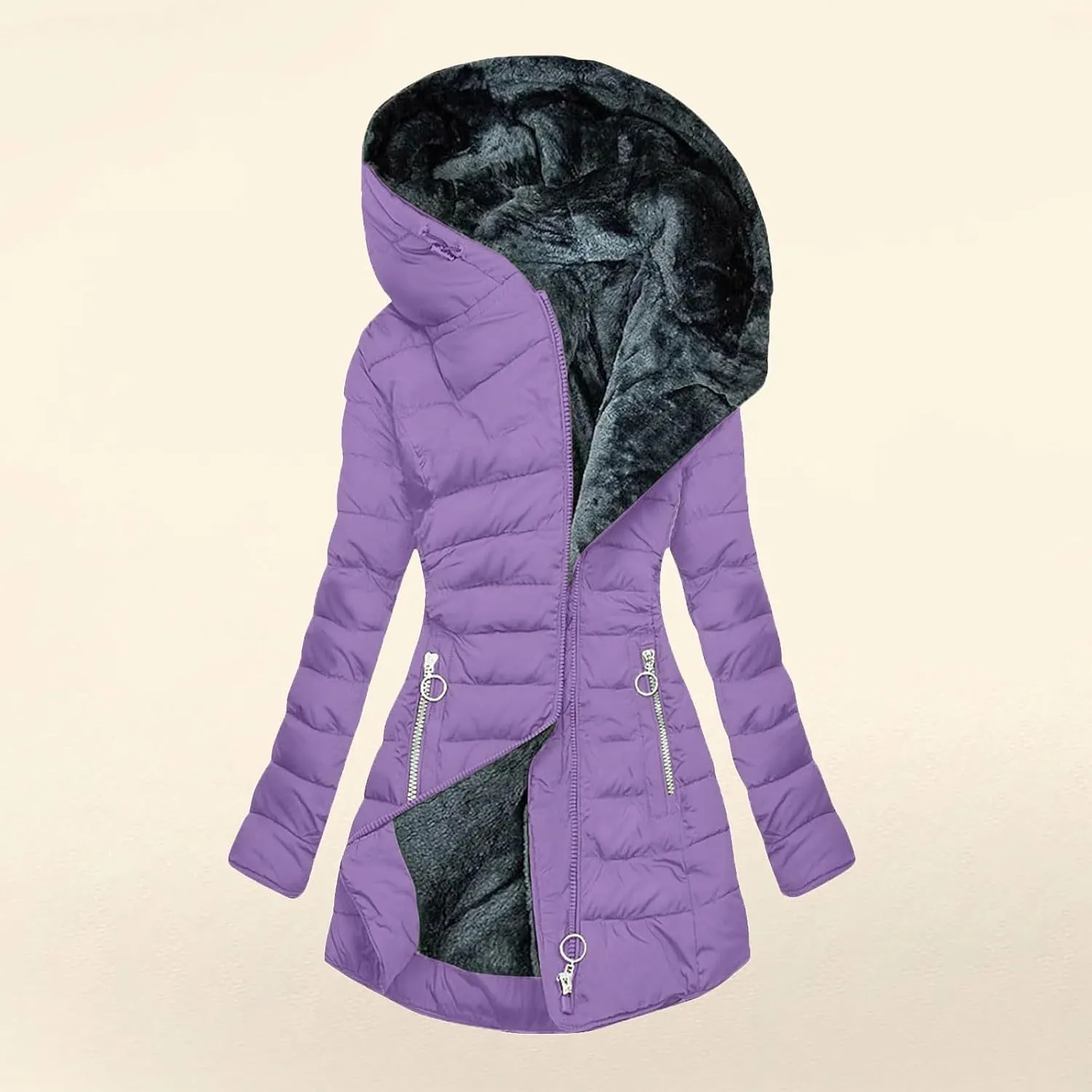 Winter Coat for Women - Fleece Lined Hooded Puffer Jacket With Long Sleeve, Fur Trim, Full Zip, Thicken Parka