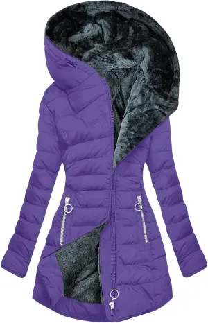 Winter Coat for Women - Fleece Lined Hooded Puffer Jacket With Long Sleeve, Fur Trim, Full Zip, Thicken Parka