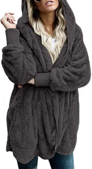 Winter Coats For Women Loose Hooded Jacket Plush Long Sleeve Cardigan Solid Color Coat