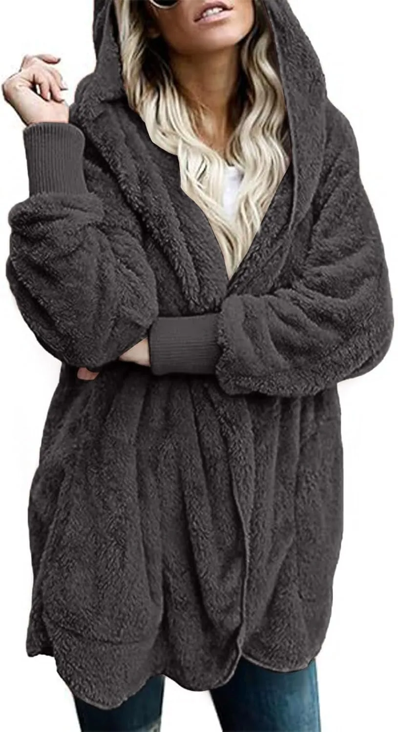 Winter Coats For Women Loose Hooded Jacket Plush Long Sleeve Cardigan Solid Color Coat