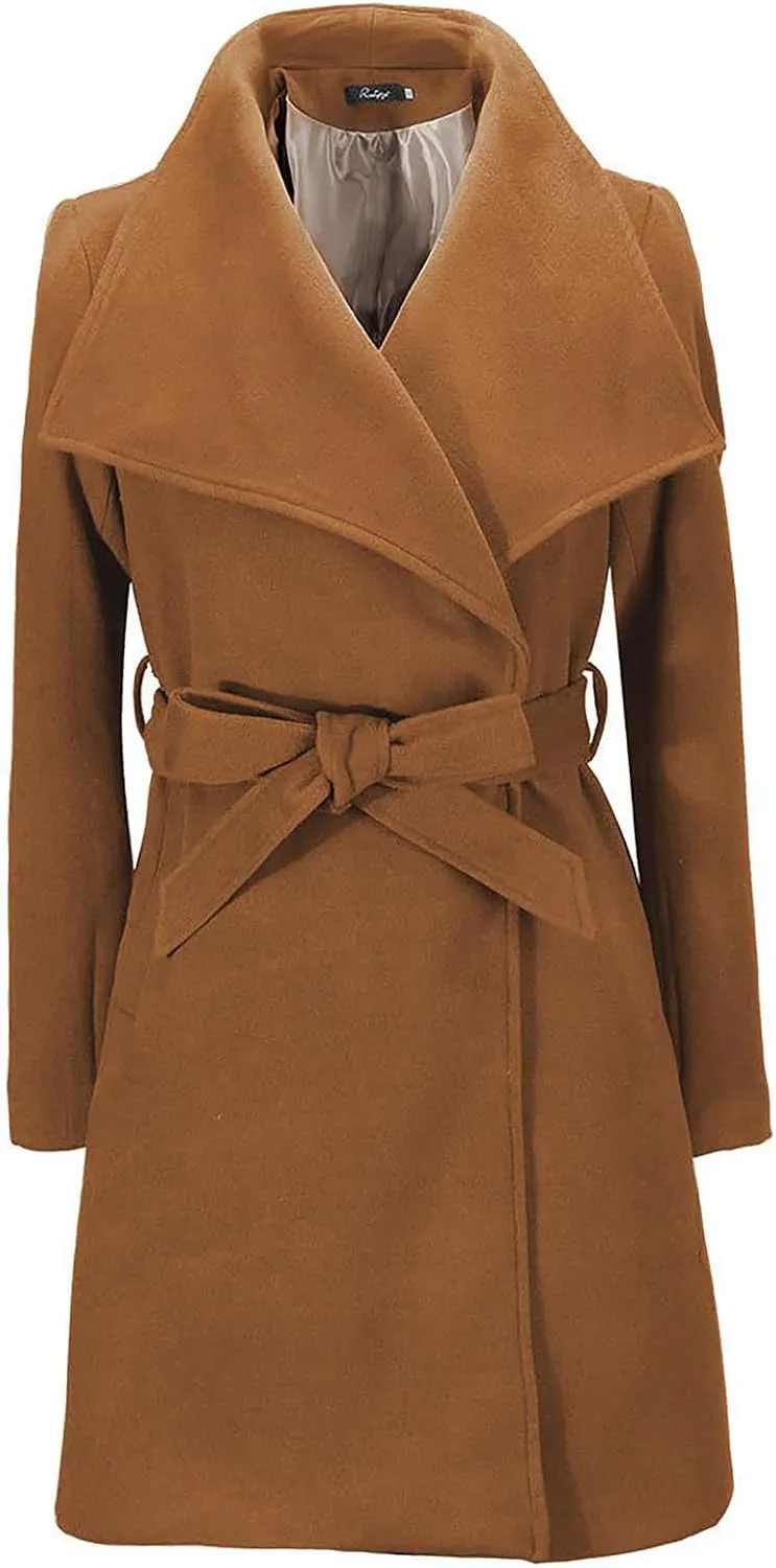 Winter Coats for Women Wool Blend Warm Soft Pea Coat 2024 Casual Notch Lapel Mid-Long Trench Coat Overcoat With Belt