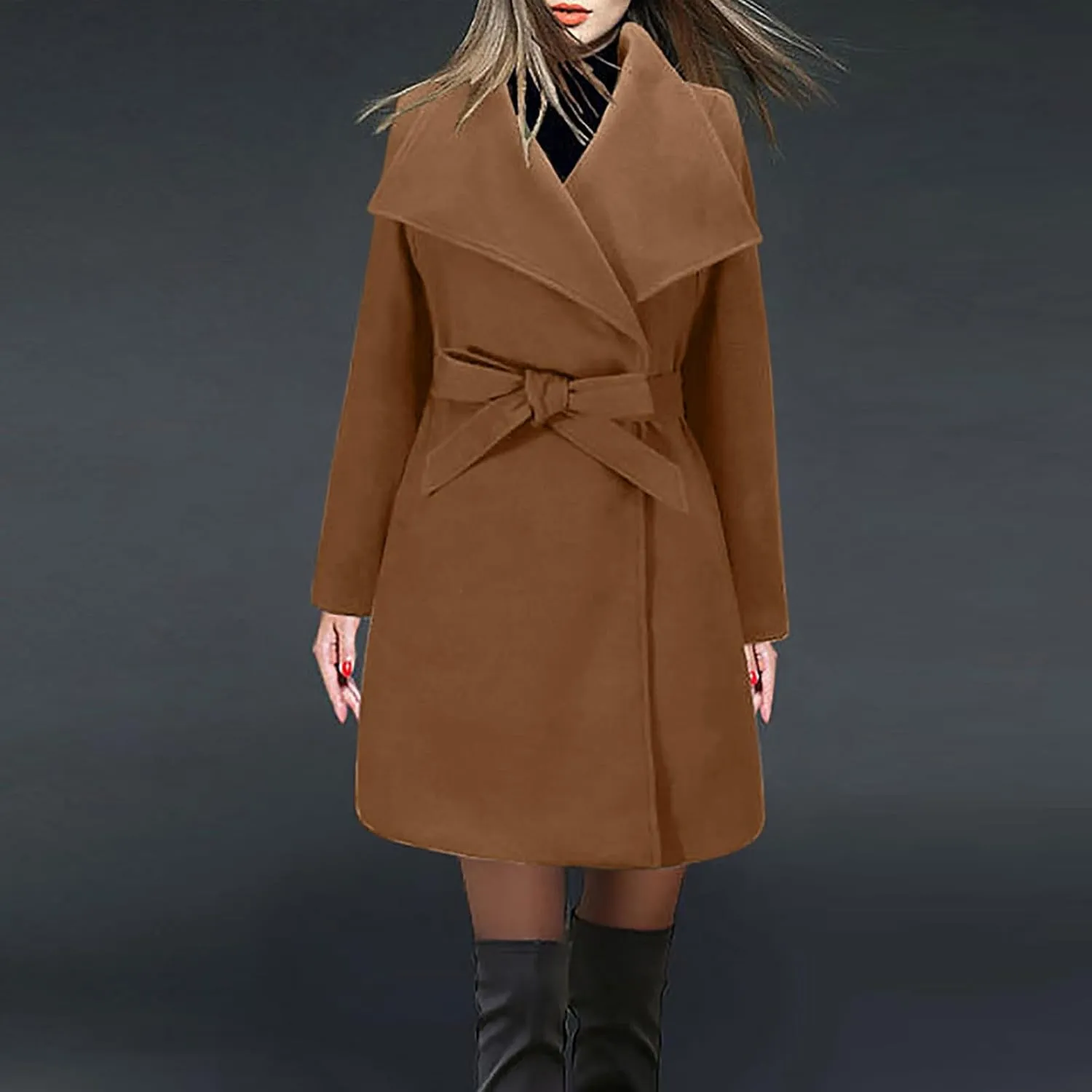 Winter Coats for Women Wool Blend Warm Soft Pea Coat 2024 Casual Notch Lapel Mid-Long Trench Coat Overcoat With Belt