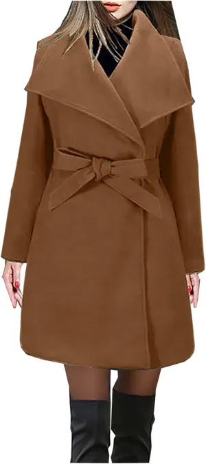 Winter Coats for Women Wool Blend Warm Soft Pea Coat 2024 Casual Notch Lapel Mid-Long Trench Coat Overcoat With Belt