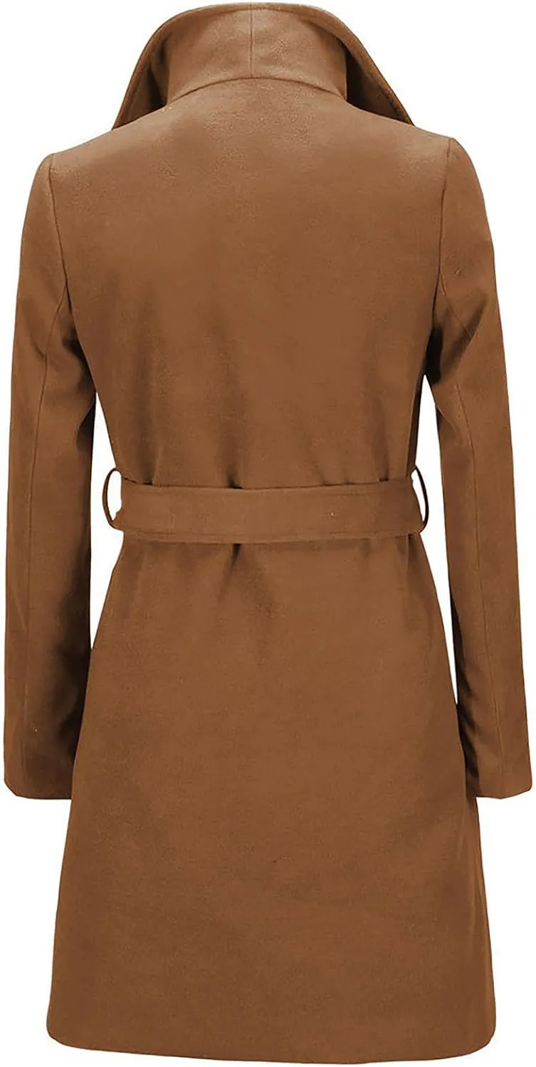Winter Coats for Women Wool Blend Warm Soft Pea Coat 2024 Casual Notch Lapel Mid-Long Trench Coat Overcoat With Belt