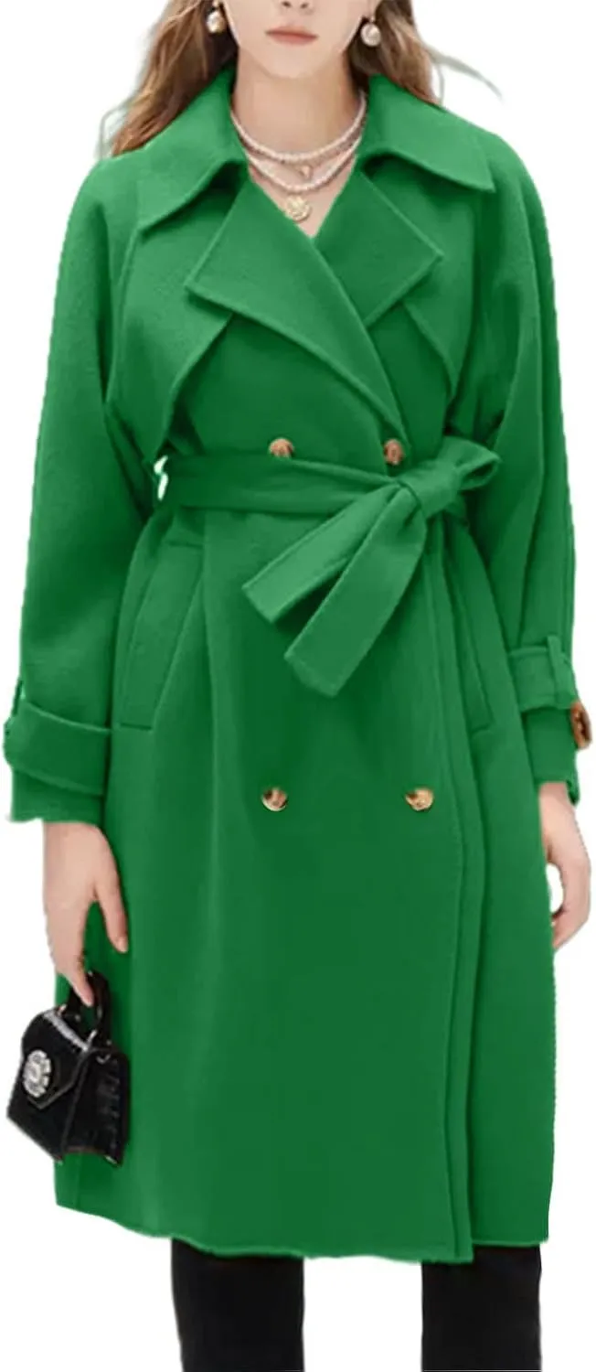 Winter Pea Coats for Women Double Breasted Wool Blend Trench Coats Casual Notched Lapel Mid Long Overcoats With Belt