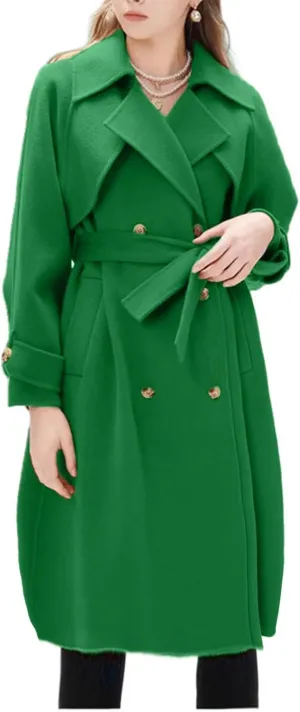 Winter Pea Coats for Women Double Breasted Wool Blend Trench Coats Casual Notched Lapel Mid Long Overcoats With Belt