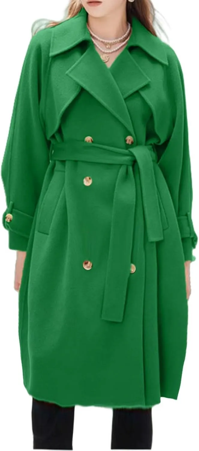 Winter Pea Coats for Women Double Breasted Wool Blend Trench Coats Casual Notched Lapel Mid Long Overcoats With Belt