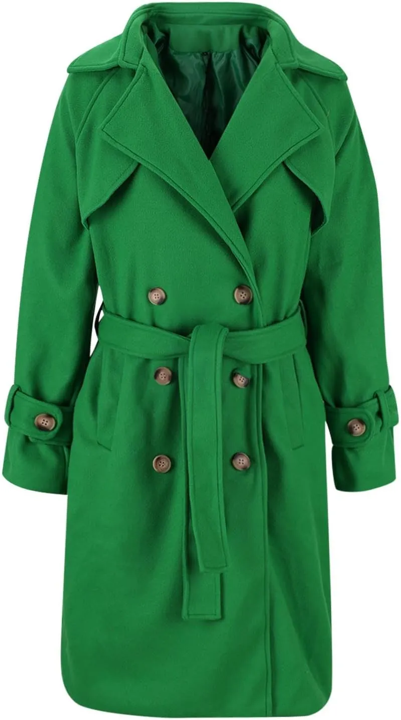 Winter Pea Coats for Women Double Breasted Wool Blend Trench Coats Casual Notched Lapel Mid Long Overcoats With Belt