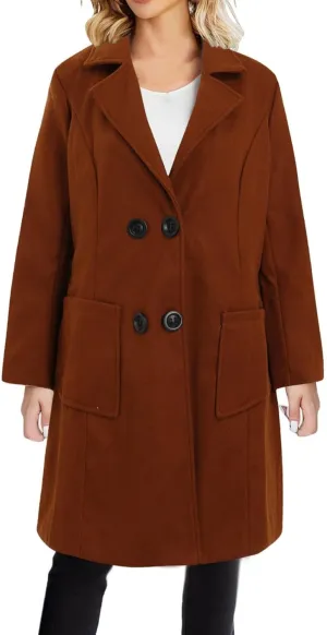 Winter Trench Coat for Women Double Breasted Notched Collar Work Office Jacket Wool Blend Mid Long Pea Coat