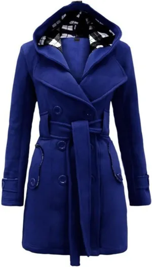 Winter Trench Coats for Women Hooded Long Double Breasted Pea Coat Wool Blend Warm Soft Overcoat Outwear with Pocket