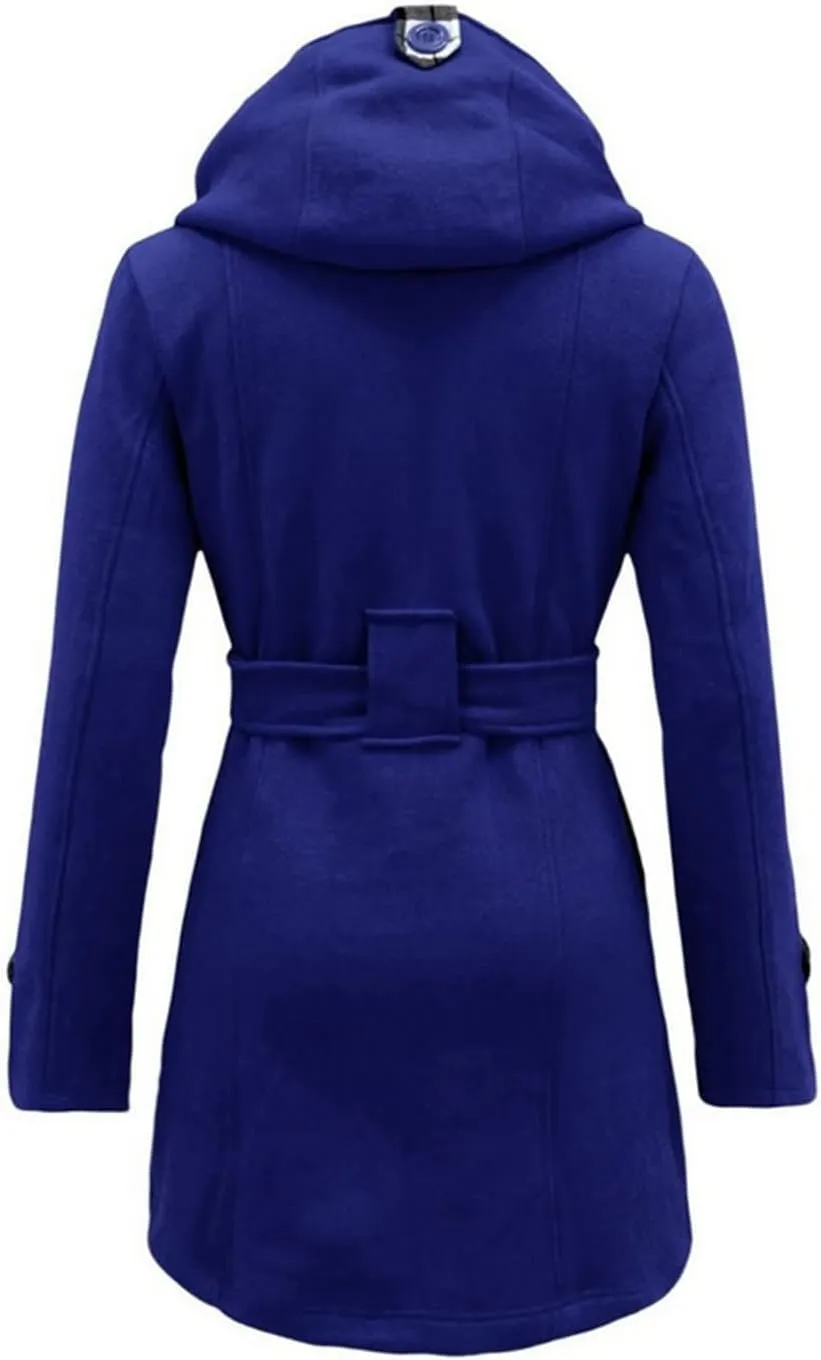 Winter Trench Coats for Women Hooded Long Double Breasted Pea Coat Wool Blend Warm Soft Overcoat Outwear with Pocket
